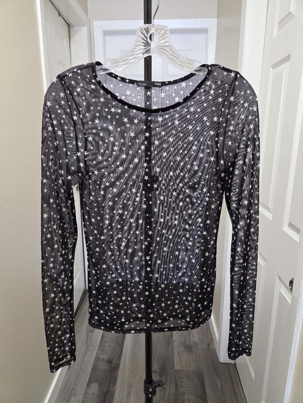 ZARA Black Sheer Star Print Mesh Top Long Sleeve Y2K Grunge Fairy Goth Layering - Picture 2 of 7